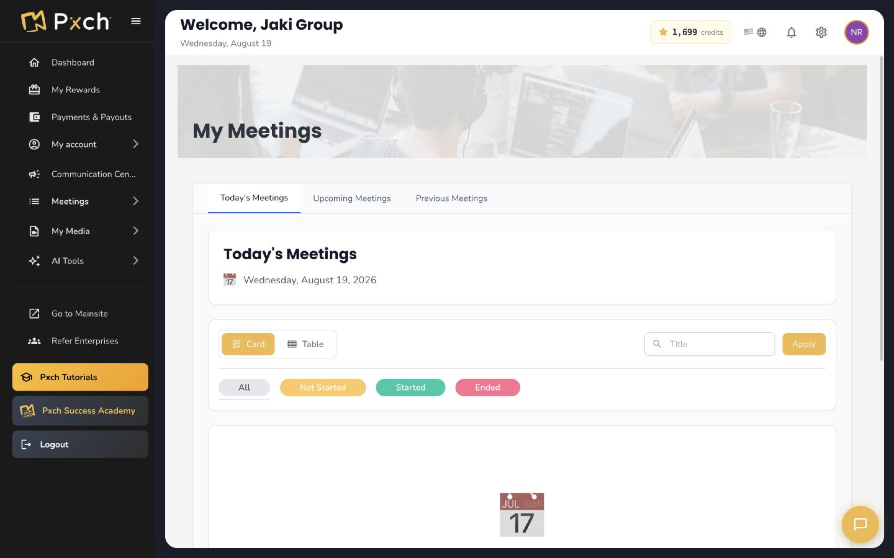 The real PxCH meeting management screen showing current, upcoming and previous meetings