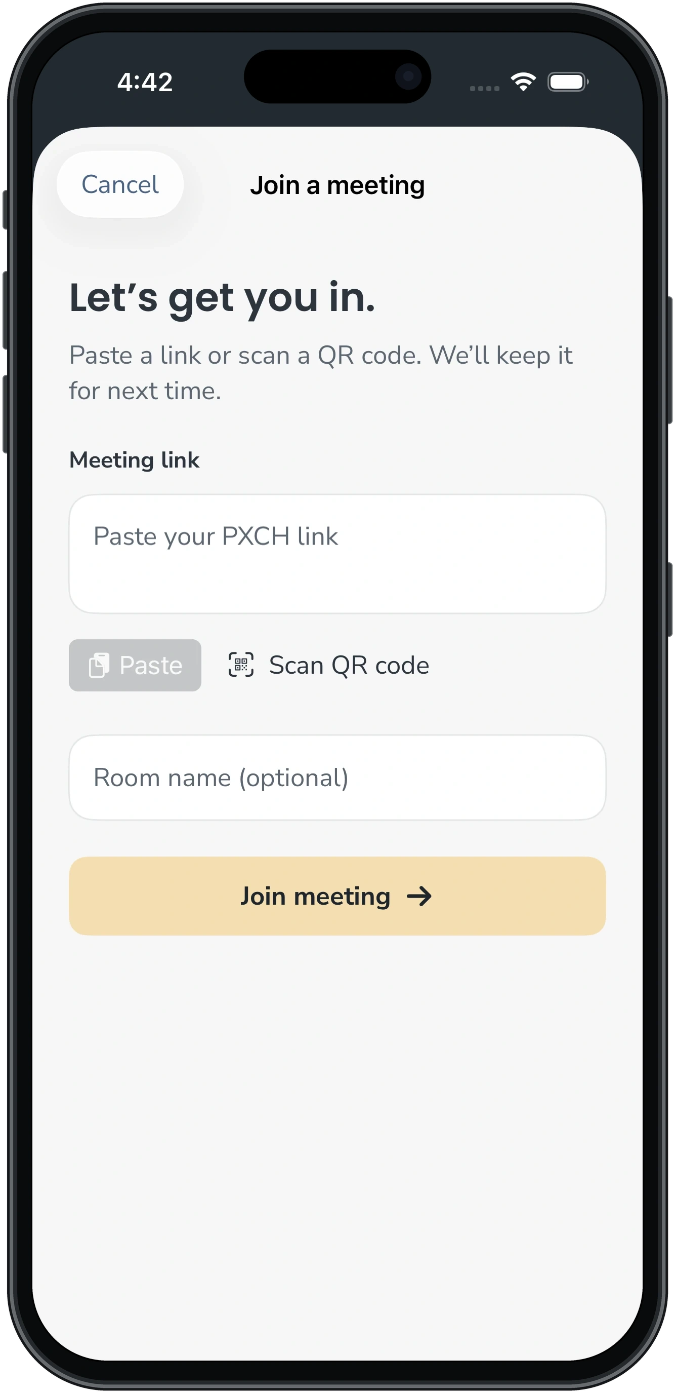 PXCH Rooms on iPhone, showing the invitation field, optional room name, and Scan QR code button