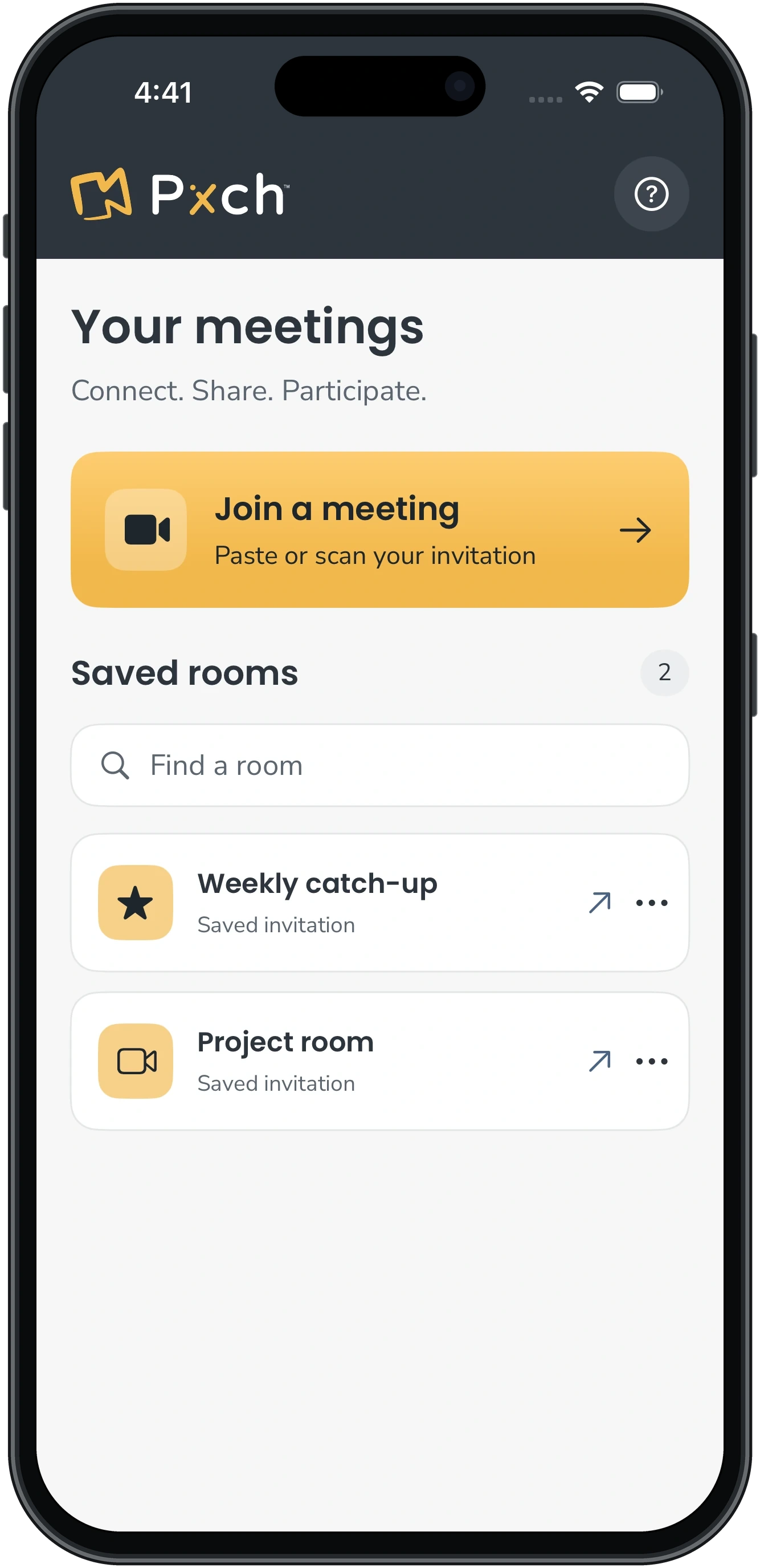 PXCH Rooms on iPhone, showing Join a meeting and a searchable library of saved example rooms