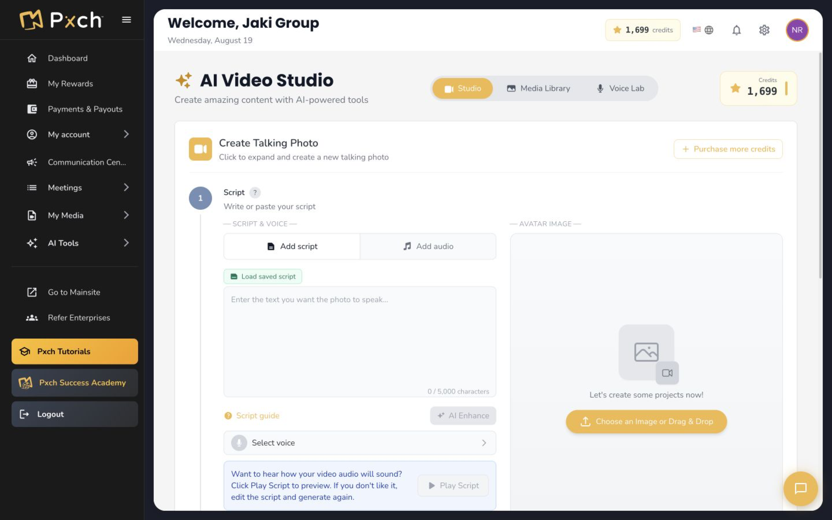 PXCH AI Video Studio with script, voice and image controls
