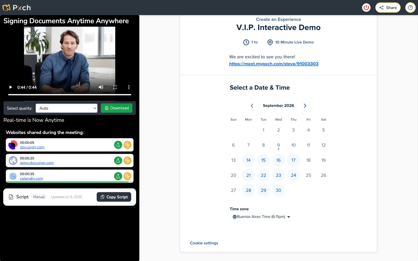 An AI Avatar recording beside an interactive booking page