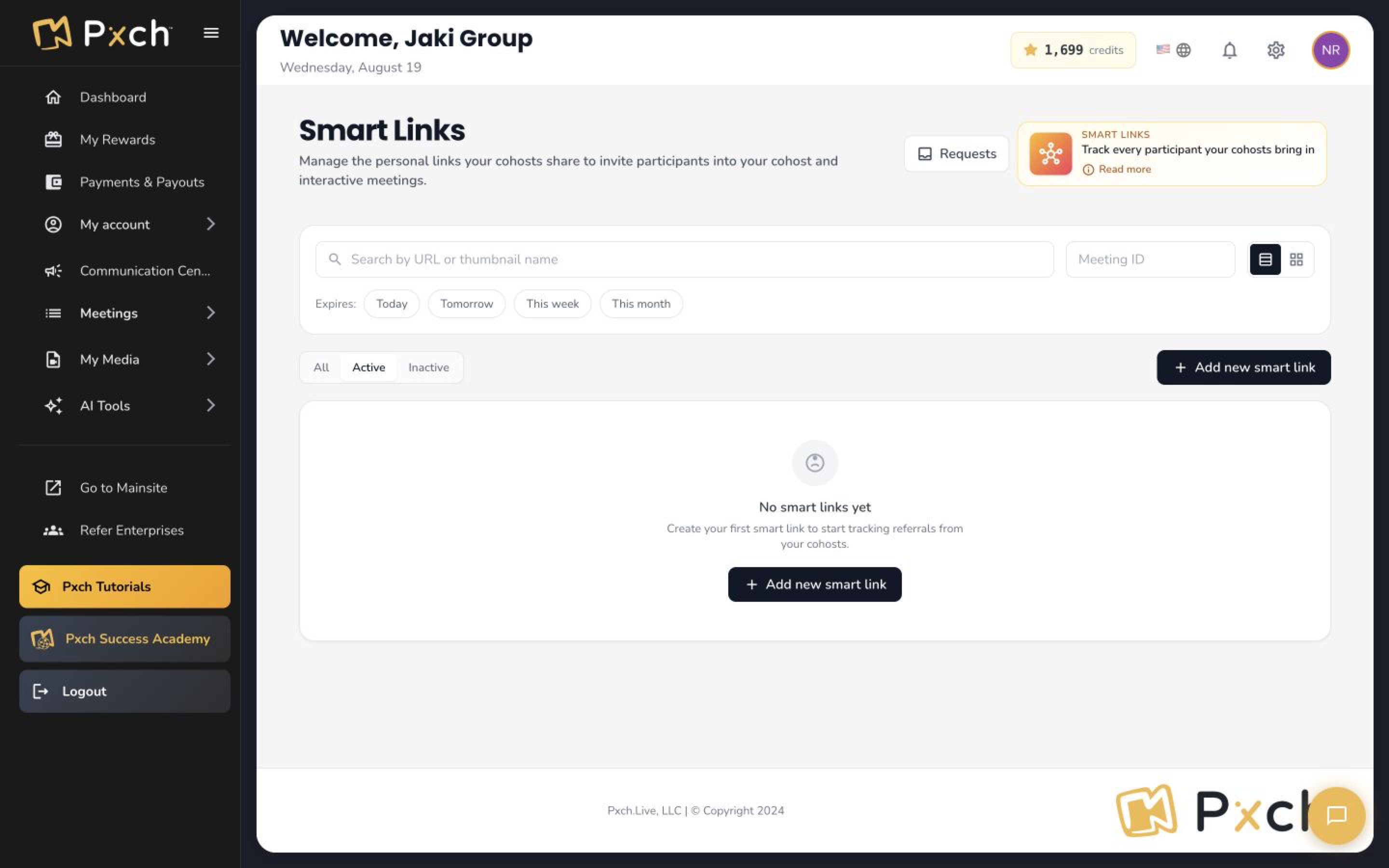 PXCH Smart Links screen for managing meeting invitation paths